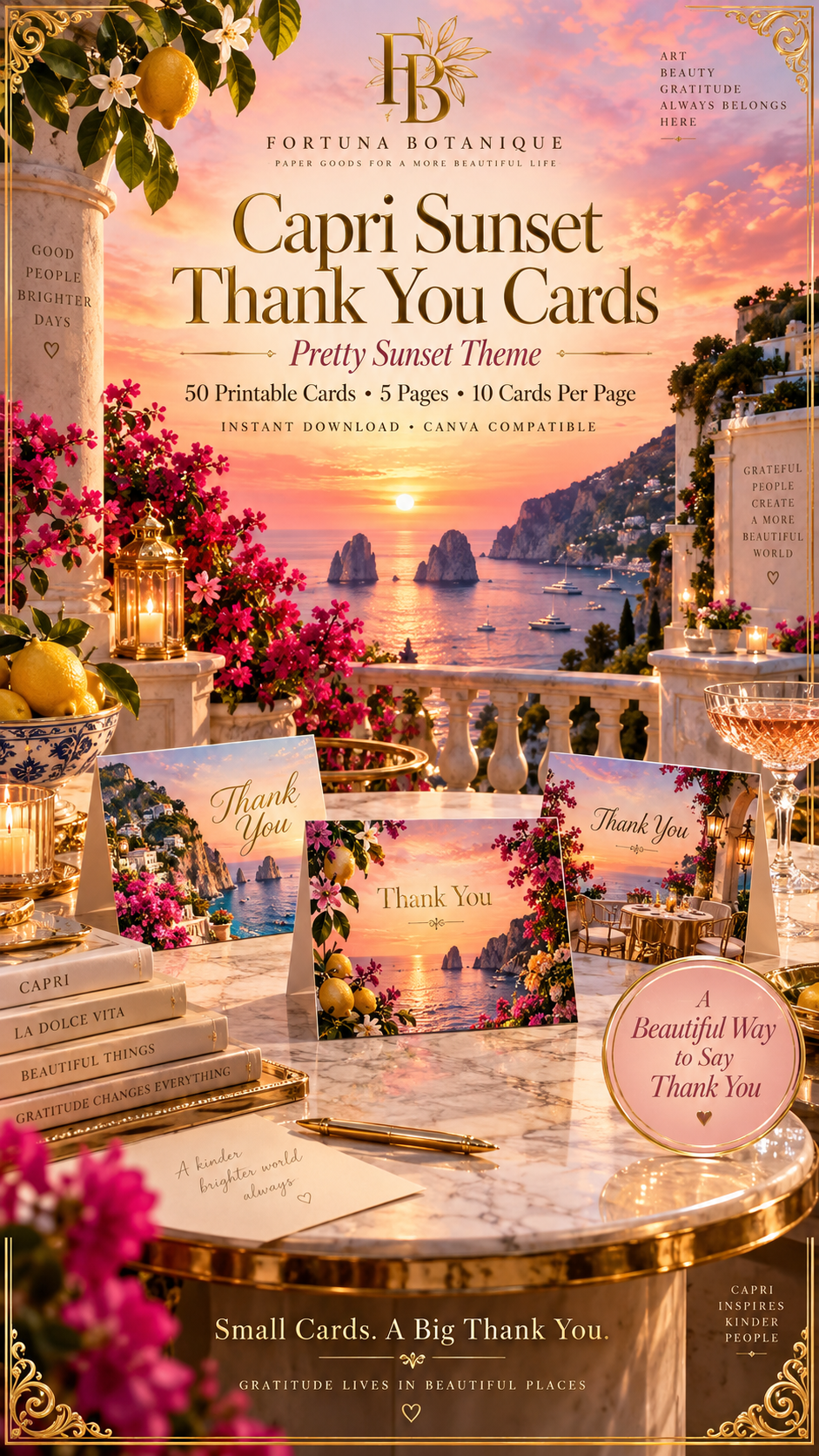 Capri Sunset Wedding Thank You Cards | 50 Printable Cards