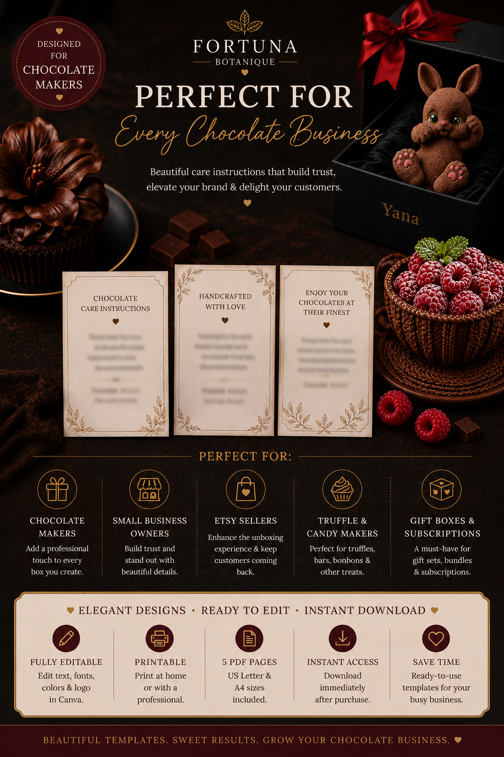 Luxury Chocolate Care Instruction Card Templates | Editable Printable Care Cards for Chocolate Businesses (Instant PDF Download)