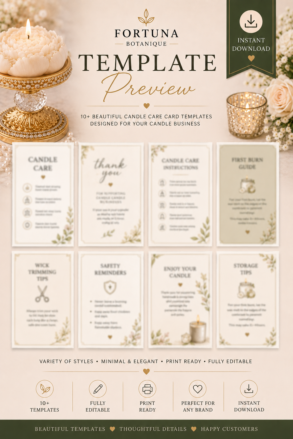 Luxury Candle Care Card Templates | Printable Candle Care Instructions | Editable Candle Care Cards | Instant PDF Download