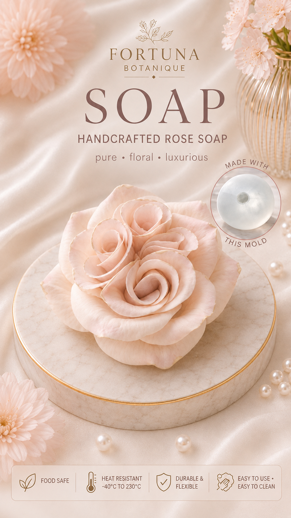 Rose Silicone Flower Mold for Soap, Candles, Resin, Chocolate & Zefir