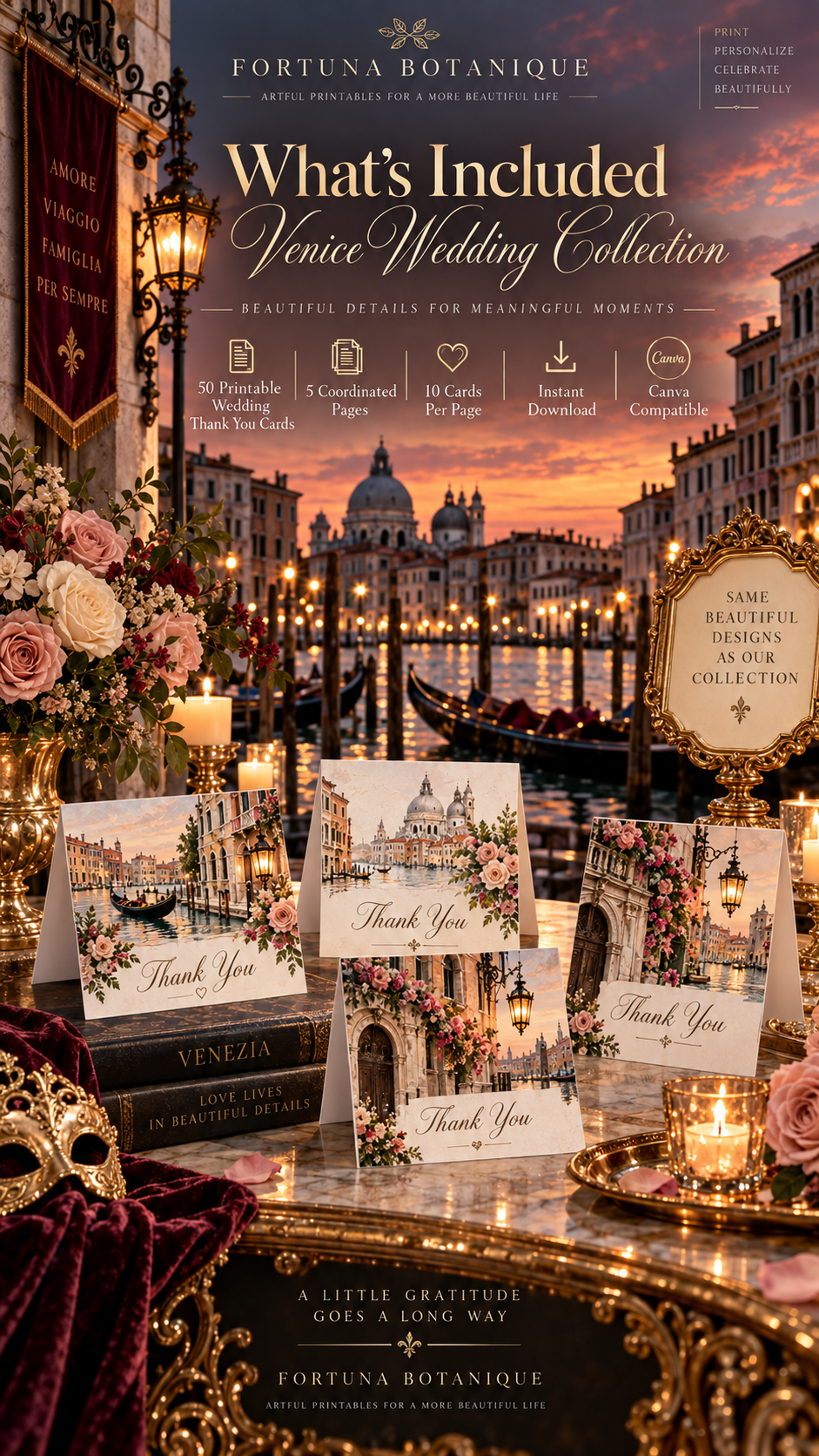 Venice Wedding Thank You Cards | 50 Printable Venetian Wedding Cards