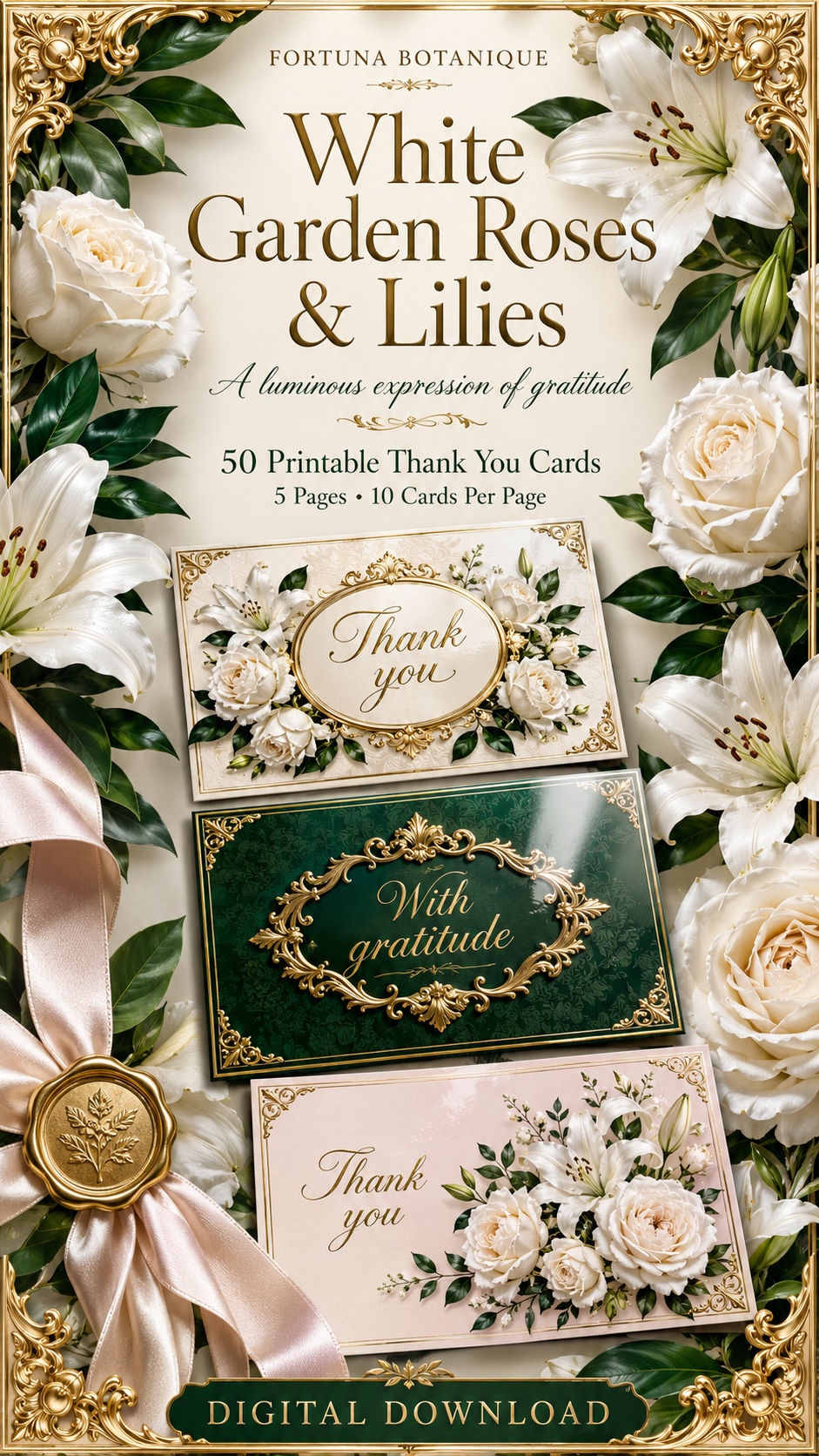Luxury White Roses & Lilies Printable Thank You Cards | 50 Small Business Cards