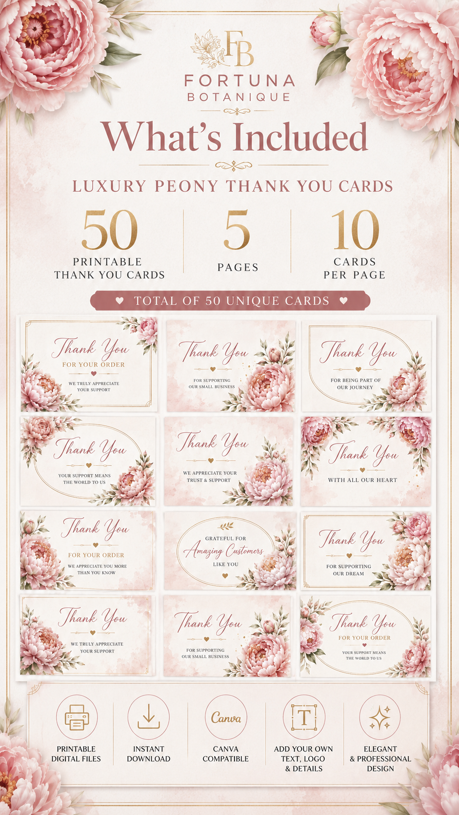 Luxury Peony Printable Thank You Cards | 50 Small Business Cards