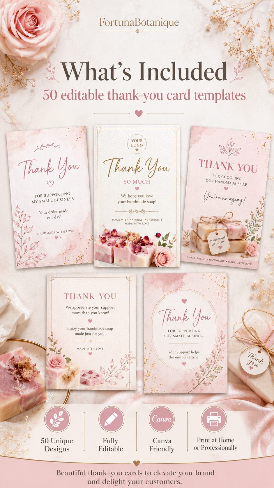 50 Editable Soap Thank You Card Templates | Pink Canva Packaging Inserts for Handmade Soap Business