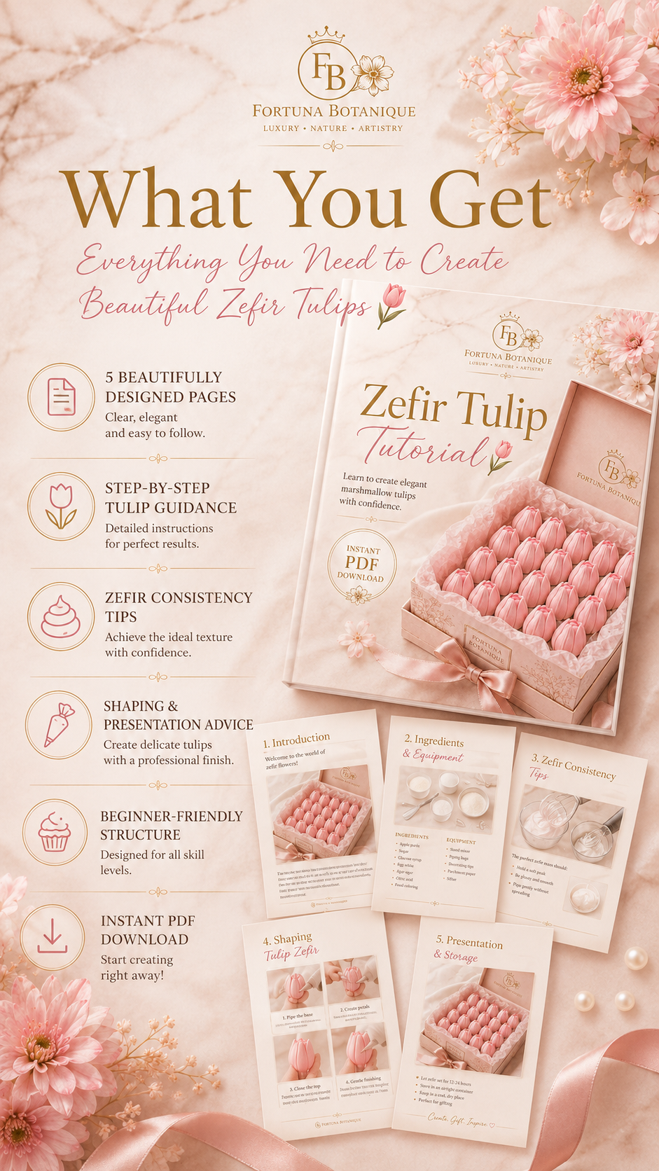 Zefir Tulip Tutorial PDF, Floral Marshmallow Piping Guide, Russian Zefir Flower Tutorial, Tulip Dessert Art, Instant Download