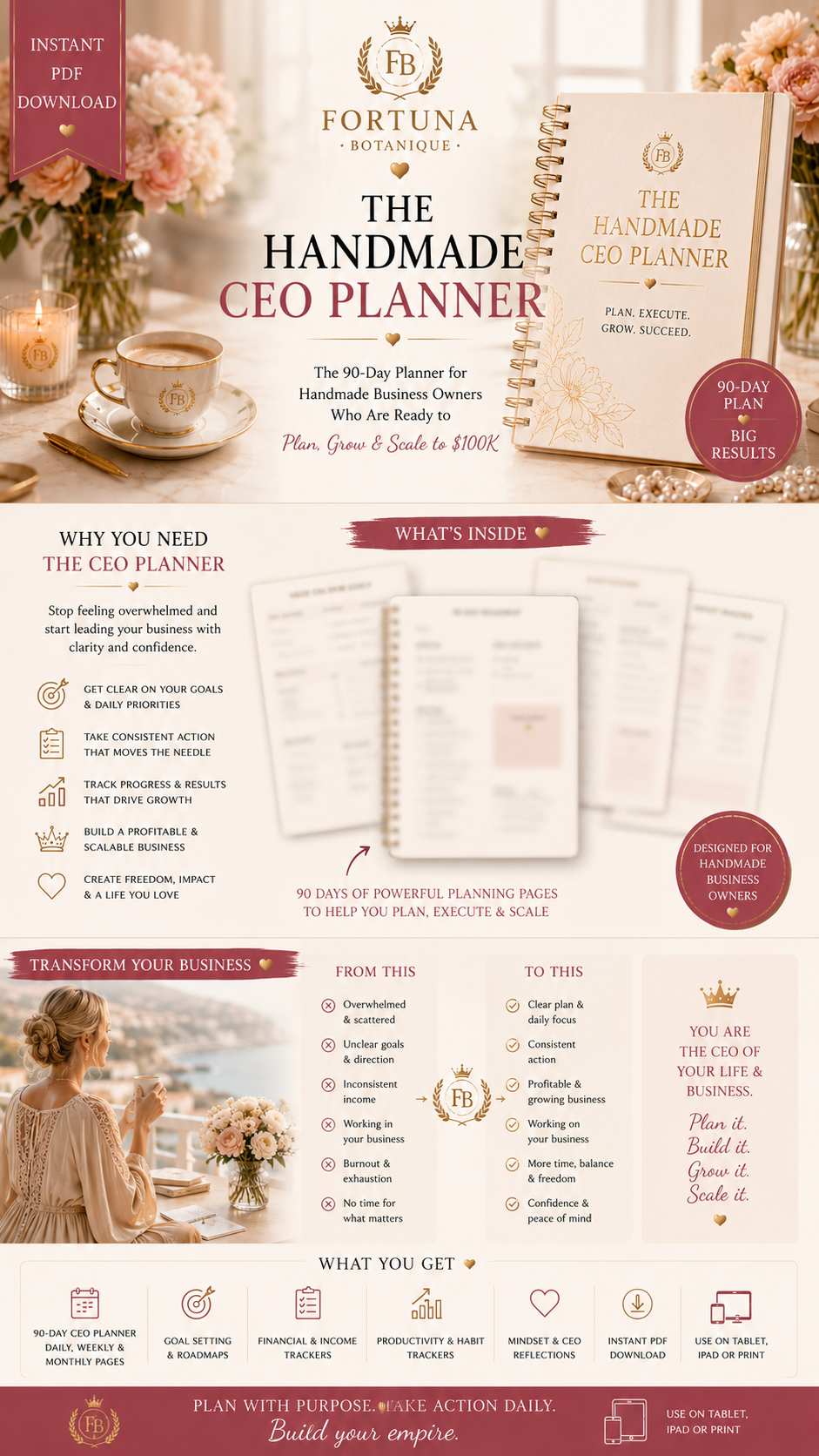 The Handmade CEO Planner™ | Luxury 90-Day Business Planner for Handmade Entrepreneurs | Printable PDF Workbook | Goal, Income & Productivity Tracker