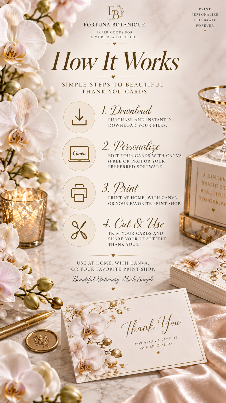Orchid & Gold Wedding Thank You Cards | 50 Printable Cards