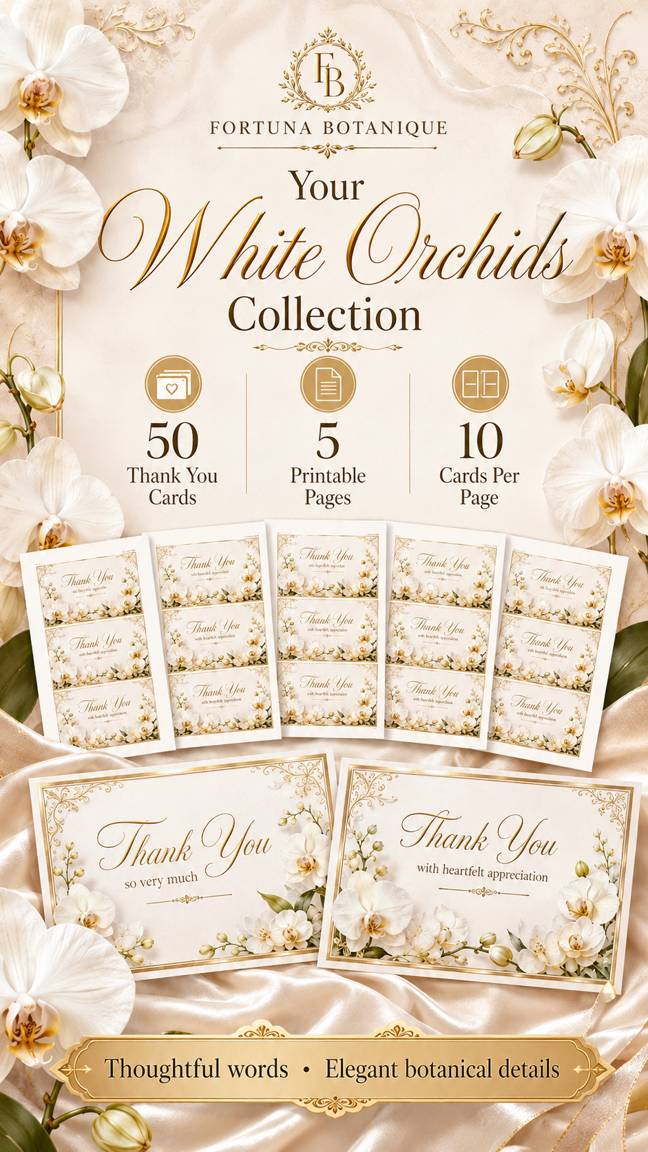 Luxury White Orchid Printable Thank You Cards | 50 Small Business Cards