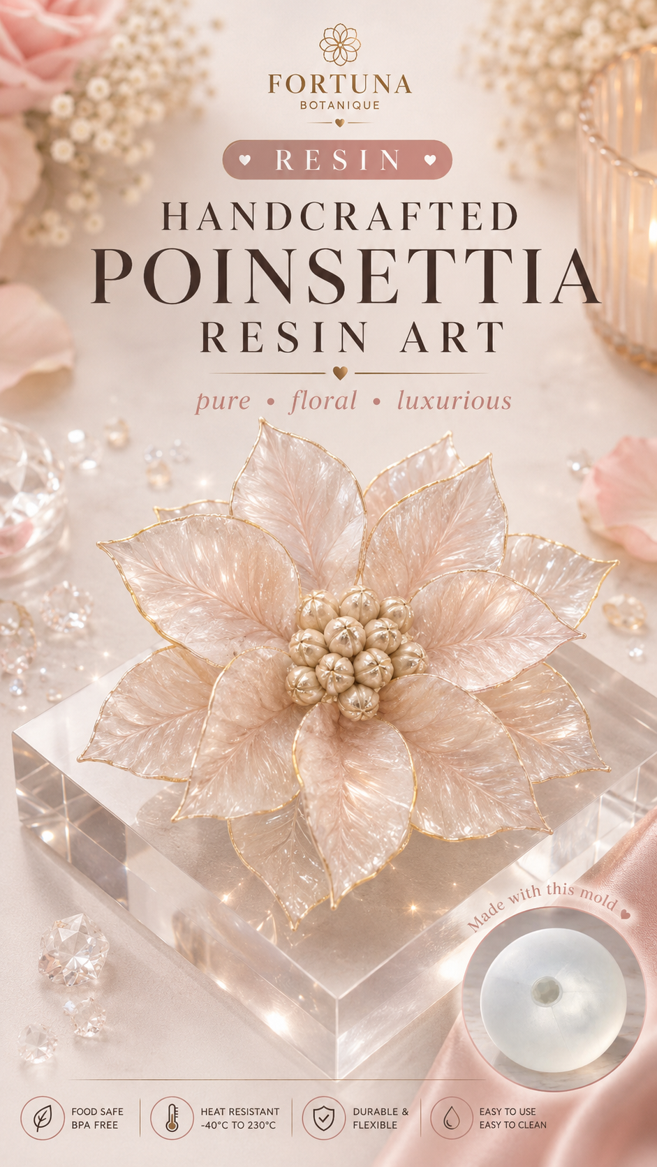Poinsettia Silicone Flower Mold for Soap, Candles, Resin, Chocolate & Zefir