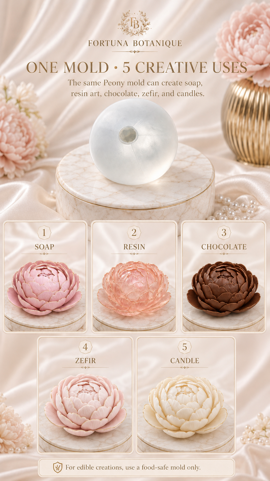 Peony Flower Silicone Mold for Soap, Candles, Resin, Chocolate & Zefir