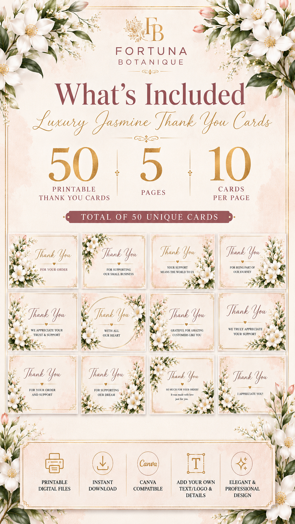 Luxury Jasmine Printable Thank You Cards | 50 Small Business Cards