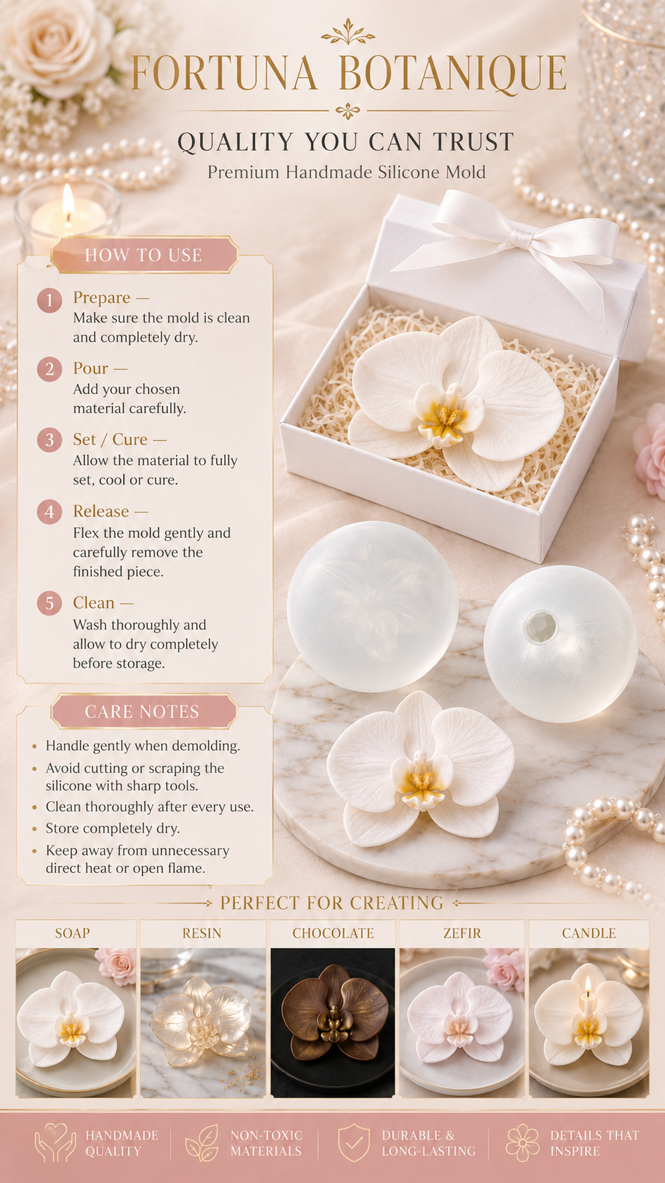 Orchid Silicone Flower Mold for Soap, Candles, Resin, Chocolate & Zefir