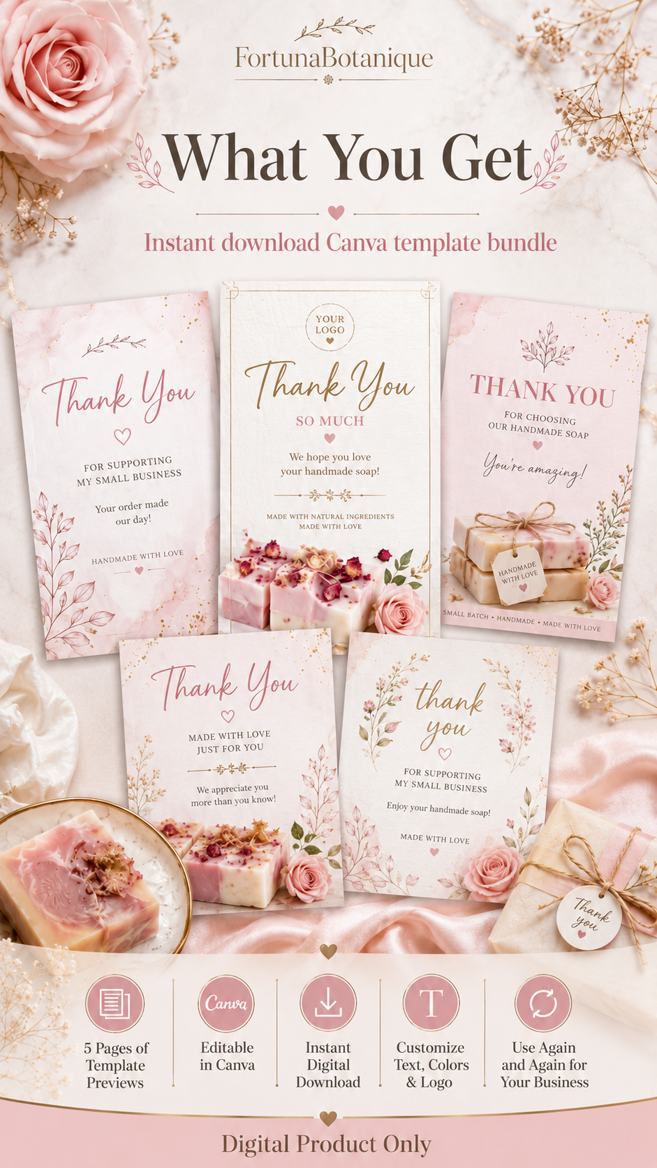 50 Editable Soap Thank You Card Templates | Pink Canva Packaging Inserts for Handmade Soap Business