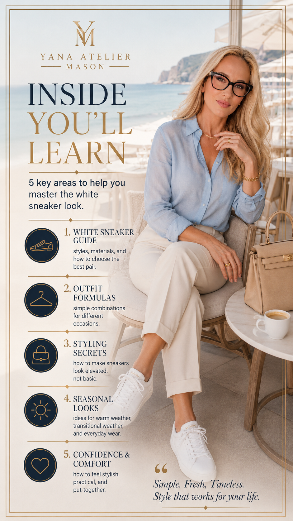 How to Style White Sneakers | Women’s Fashion Style Guide | Casual Chic Outfits, Capsule Wardrobe & Coastal European Style