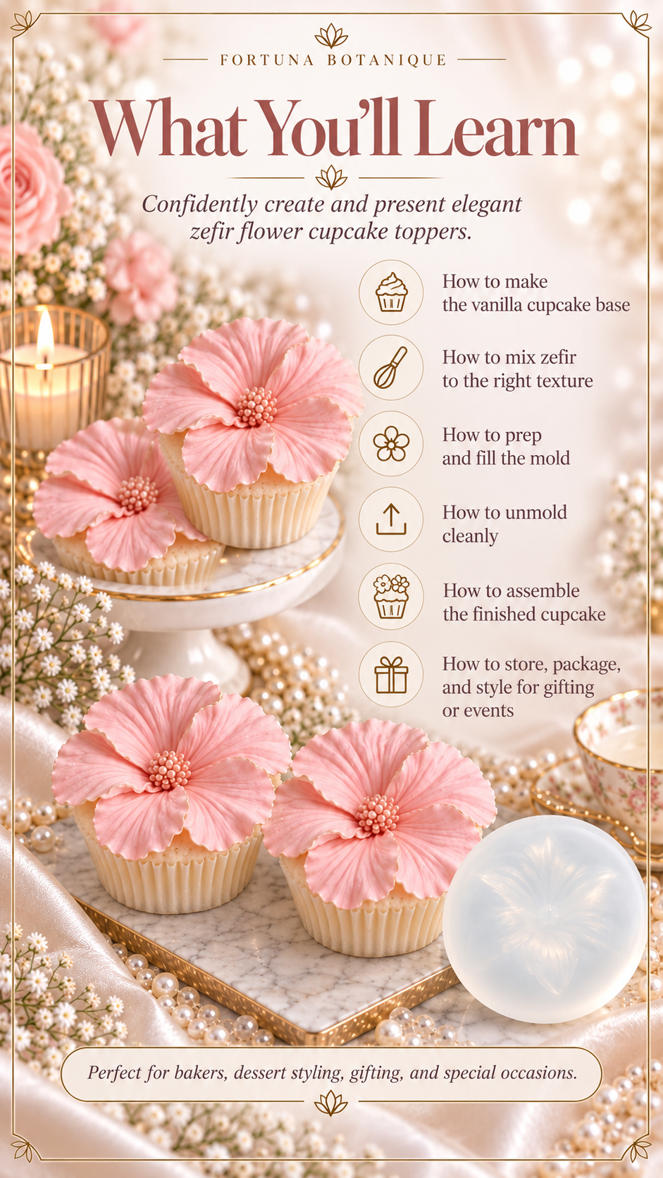 Zefir Hibiscus Cupcake Guide | Vanilla Cupcakes + Molded Zefir Flowers
