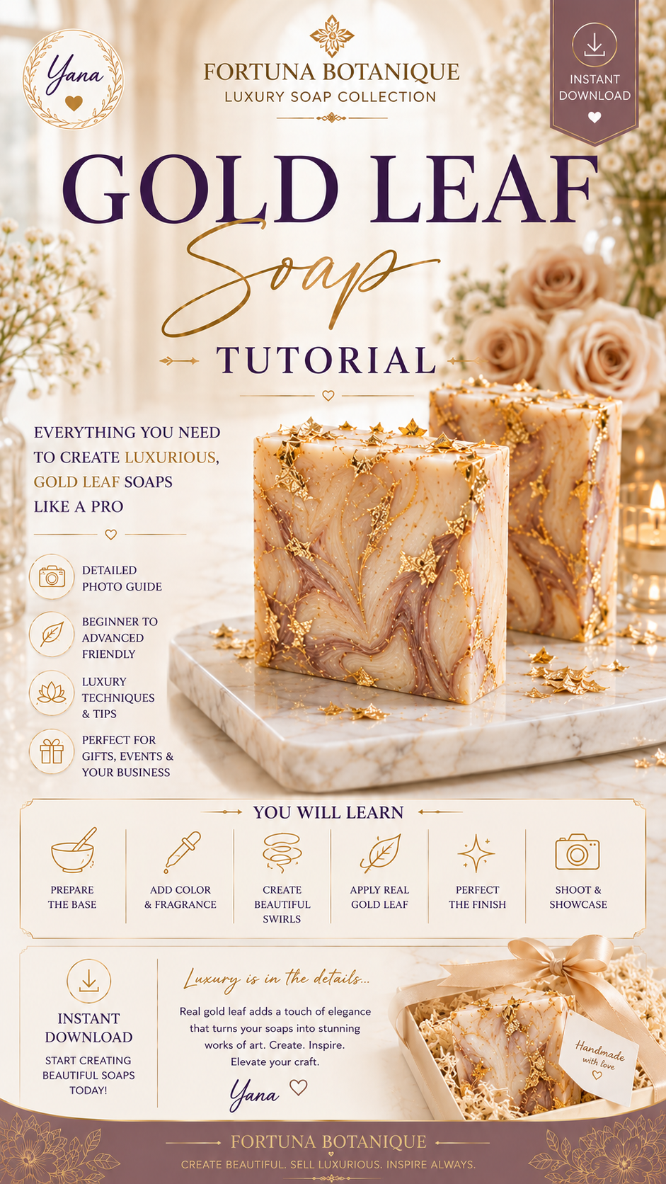 Gold Leaf Soap Tutorial | Luxury Melt & Pour Soap Making Guide | Marble Swirl Soap | Soap Decorating with Real Gold Leaf | PDF E-Book