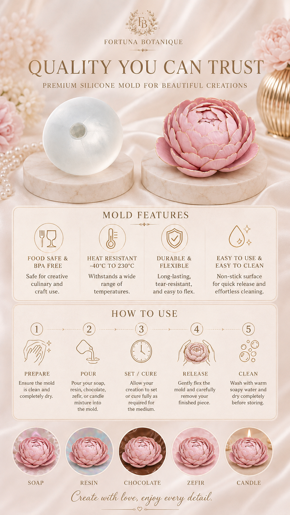 Peony Flower Silicone Mold for Soap, Candles, Resin, Chocolate & Zefir