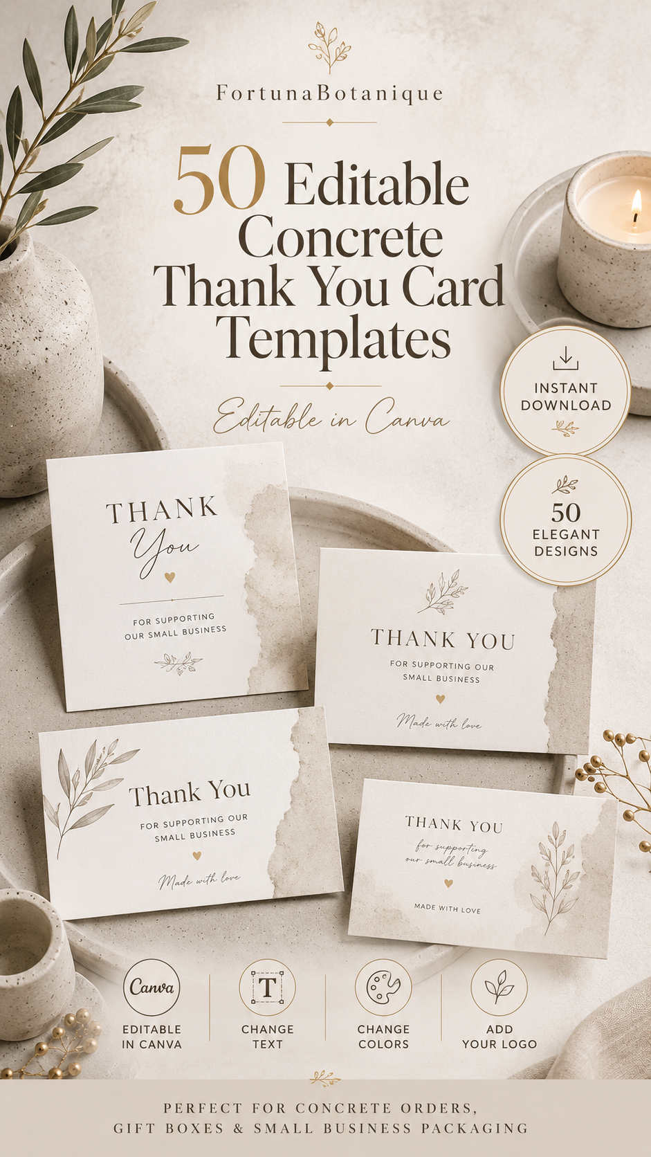 50 Editable Concrete Thank You Card Templates | Canva Packaging Inserts for Handmade Business