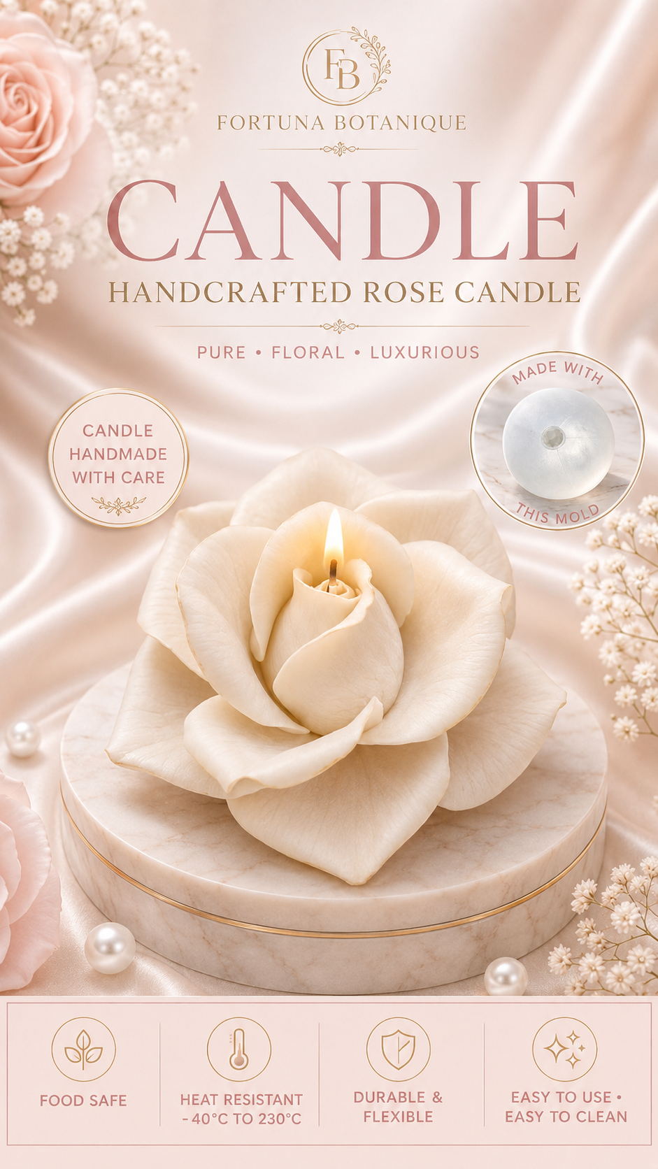 Rose Silicone Flower Mold for Soap, Candles, Resin, Chocolate & Zefir