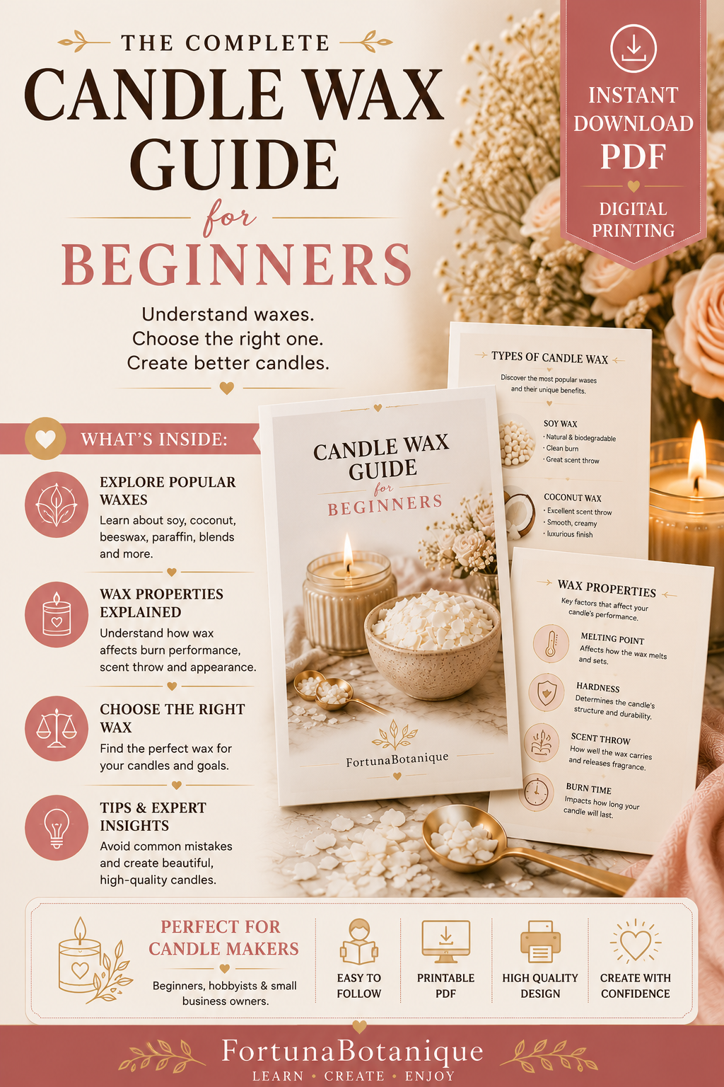 Luxury Candle Wax Guide for Beginners | Soy, Coconut, Beeswax & Paraffin Wax Guide | Instant PDF Download