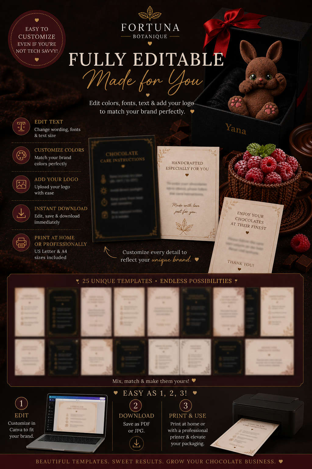 Luxury Chocolate Care Instruction Card Templates | Editable Printable Care Cards for Chocolate Businesses (Instant PDF Download)