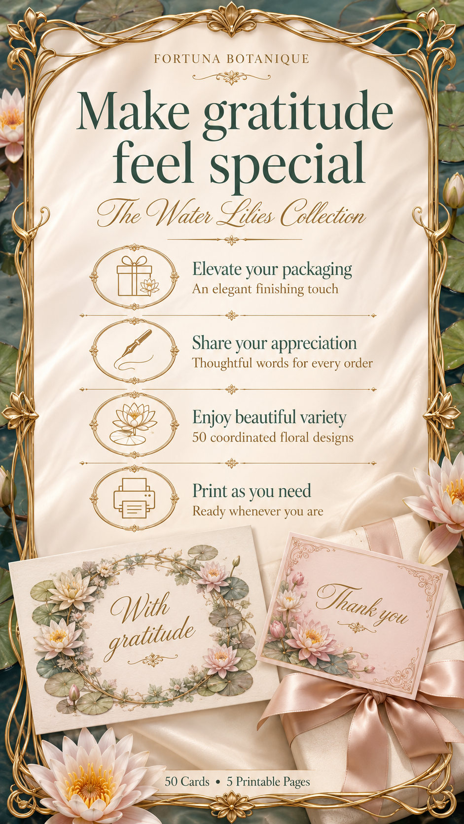 Luxury Water Lily Printable Thank You Cards | 50 Small Business Cards