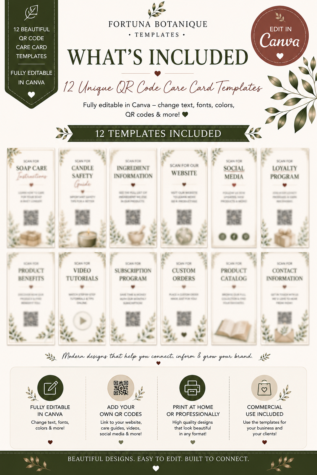 Luxury QR Code Care Card Templates | Editable Canva Packaging Inserts for Small Businesses (Instant PDF Download)
