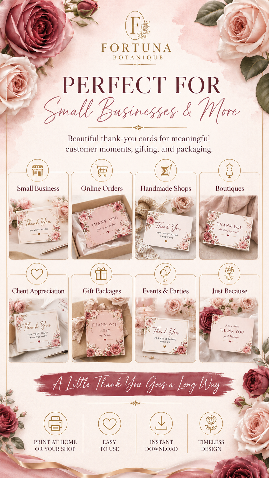 Luxury Rose Printable Thank You Cards | 50 Small Business Cards | Canva Compatible