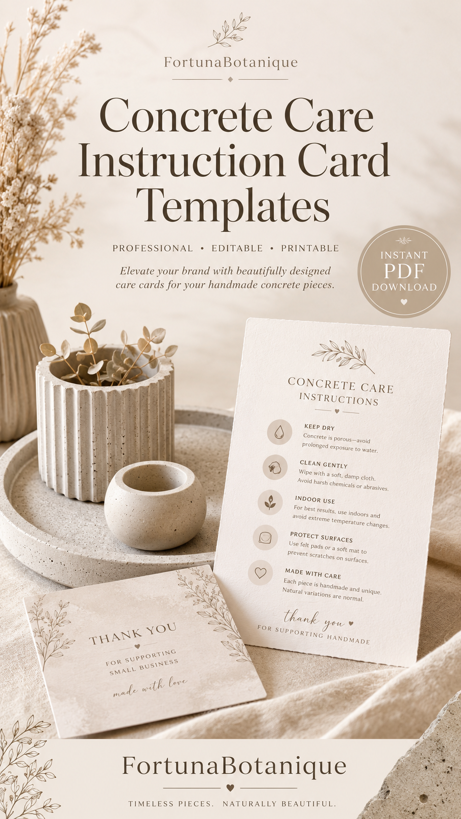 Concrete Care Instruction Card Templates | Printable Product Care & Thank-You Inserts for Concrete Makers