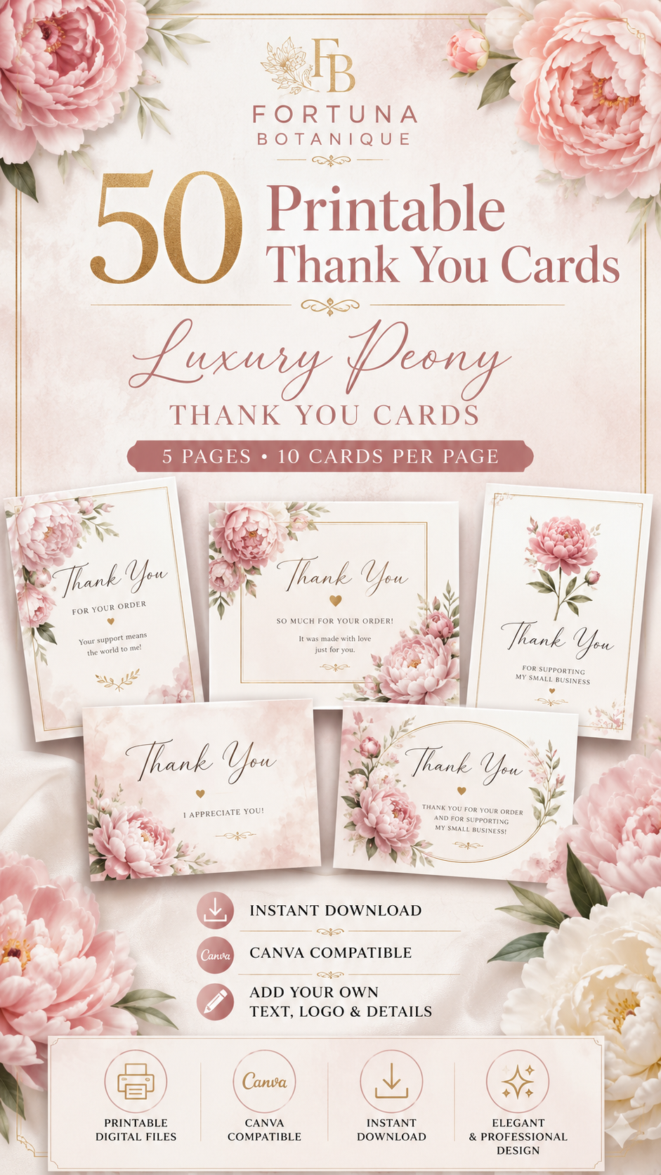 Luxury Peony Printable Thank You Cards | 50 Small Business Cards
