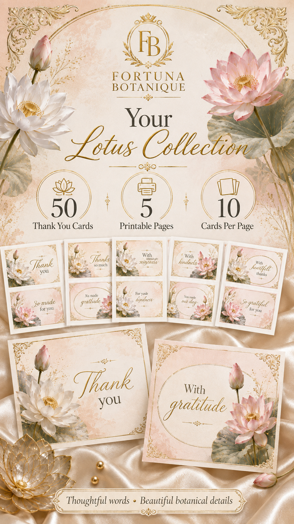 Luxury Lotus Printable Thank You Cards | 50 Small Business Cards