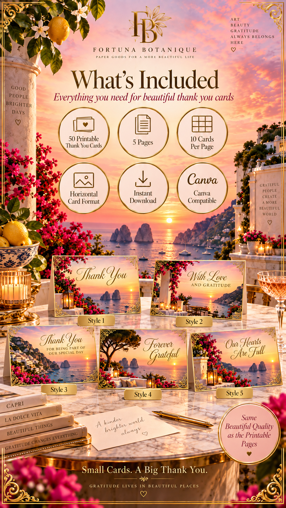 Capri Sunset Wedding Thank You Cards | 50 Printable Cards