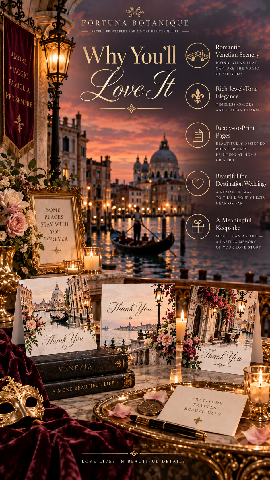 Venice Wedding Thank You Cards | 50 Printable Venetian Wedding Cards