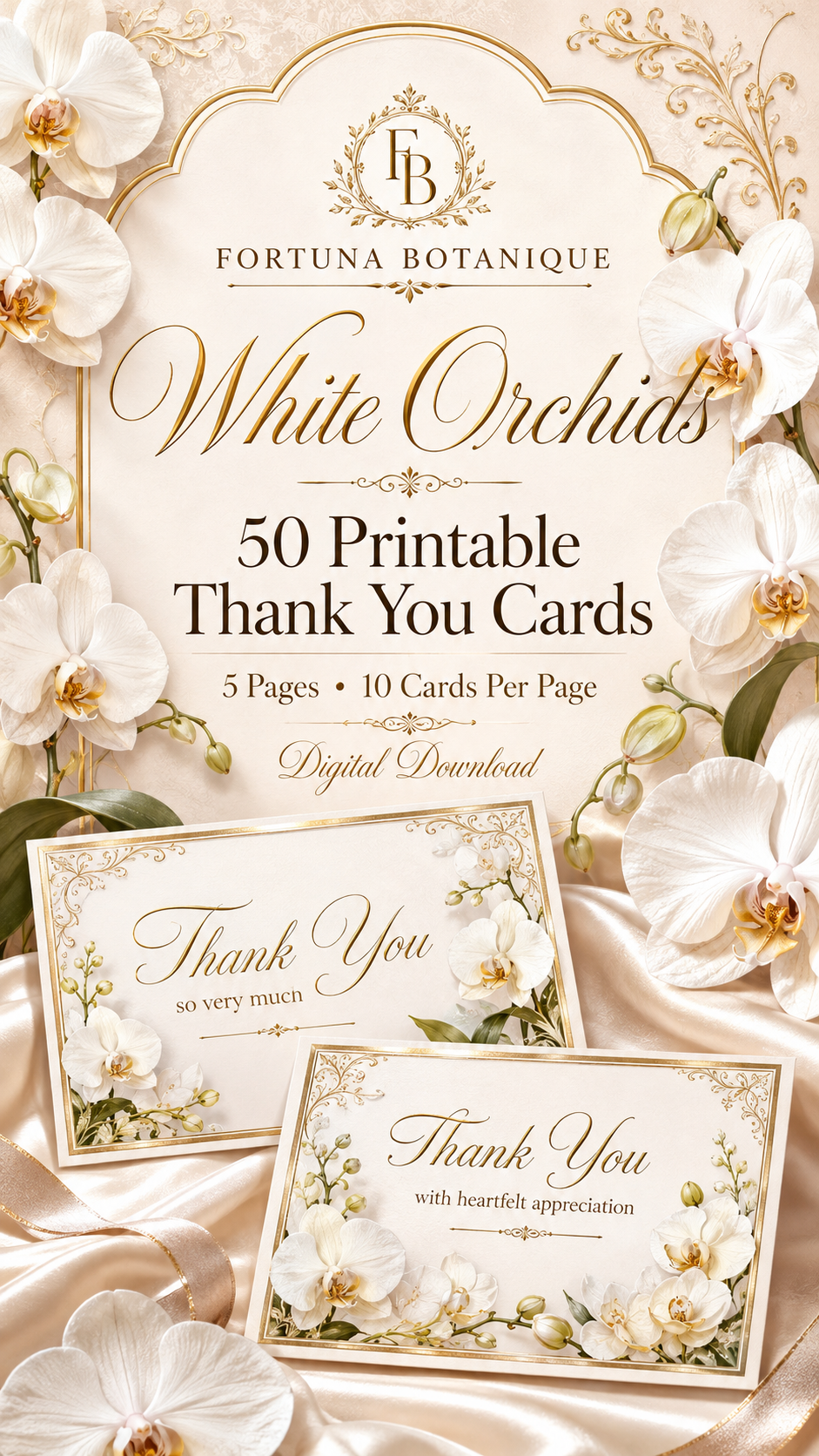 Luxury White Orchid Printable Thank You Cards | 50 Small Business Cards
