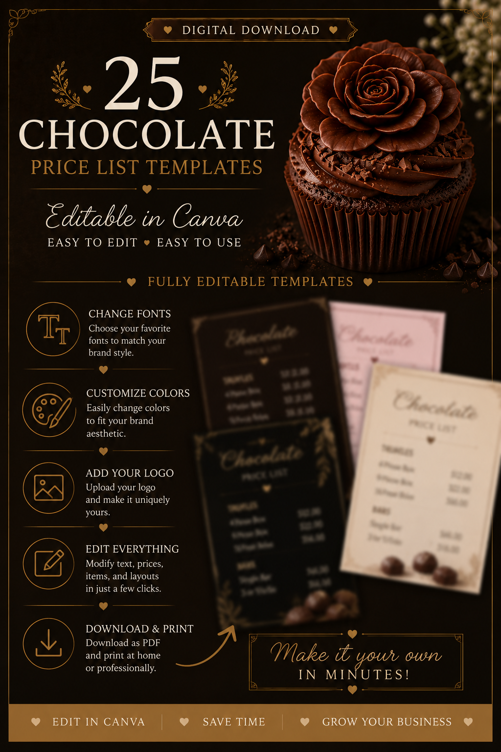 Luxury Chocolate Price List Templates | Editable Pricing Menu Templates for Chocolate Businesses (Instant PDF Download)