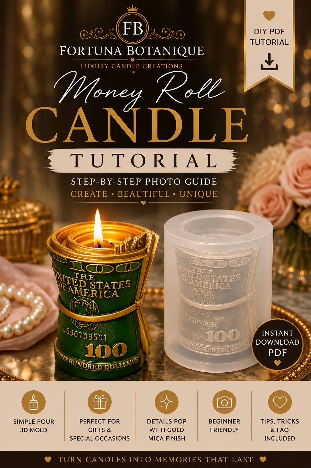 Money Roll Candle Tutorial | 3D Silicone Mold Candle Guide | Instant PDF Download