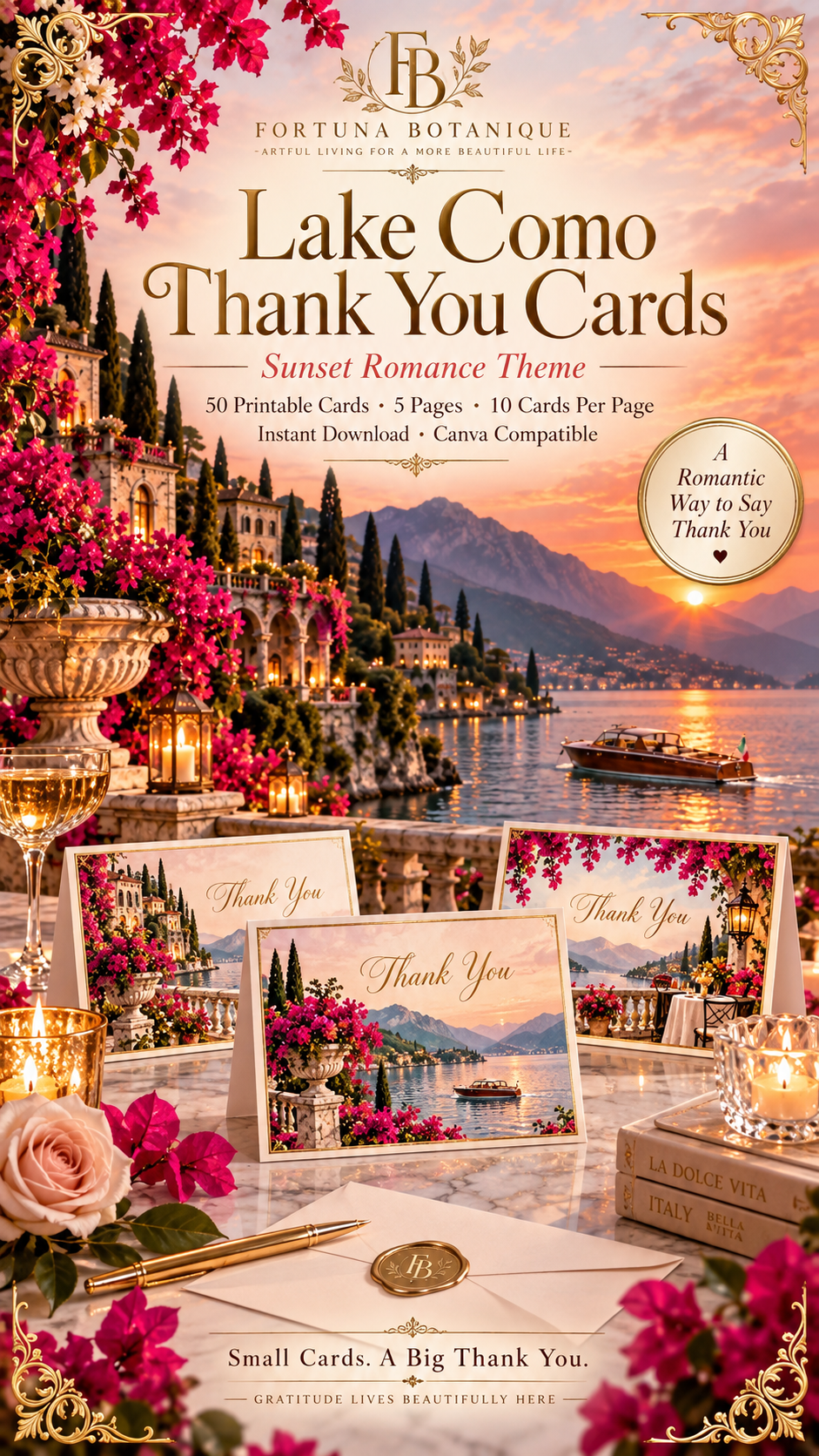 Lake Como Wedding Thank You Cards | 50 Printable Cards