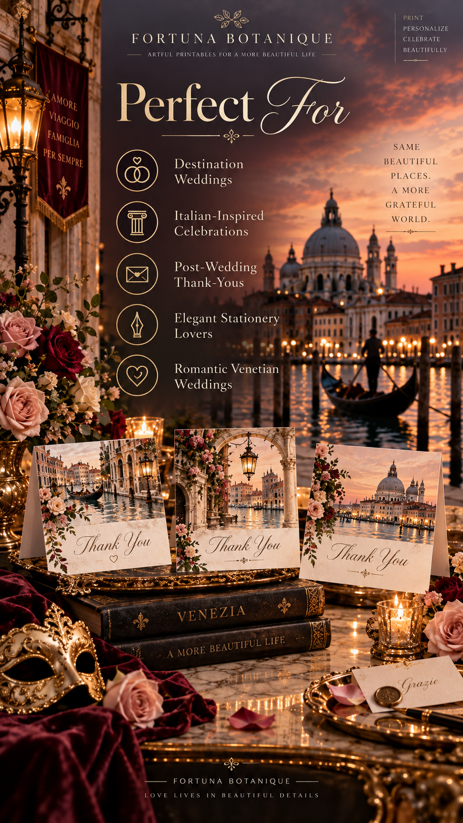 Venice Wedding Thank You Cards | 50 Printable Venetian Wedding Cards