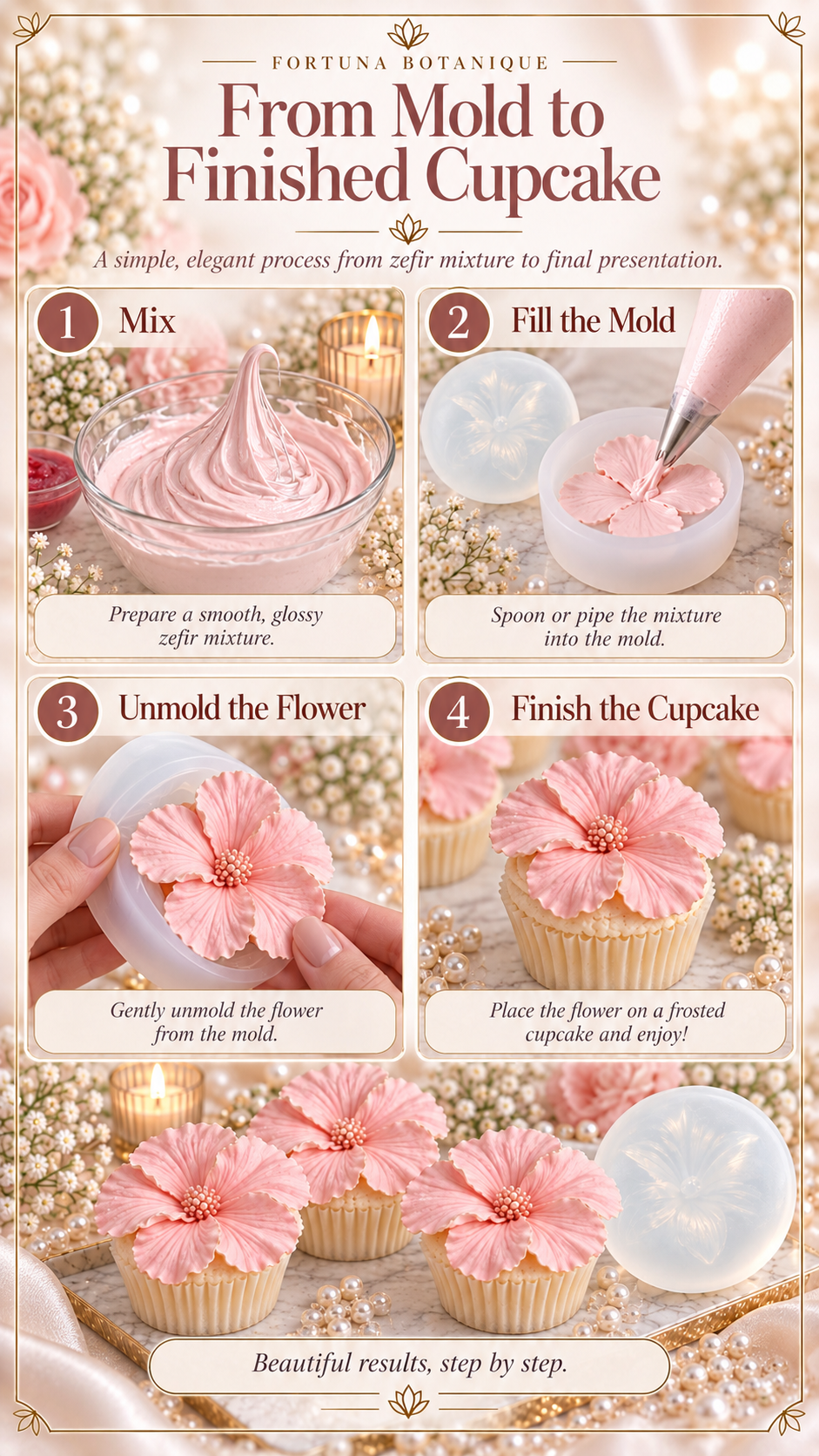 Zefir Hibiscus Cupcake Guide | Vanilla Cupcakes + Molded Zefir Flowers