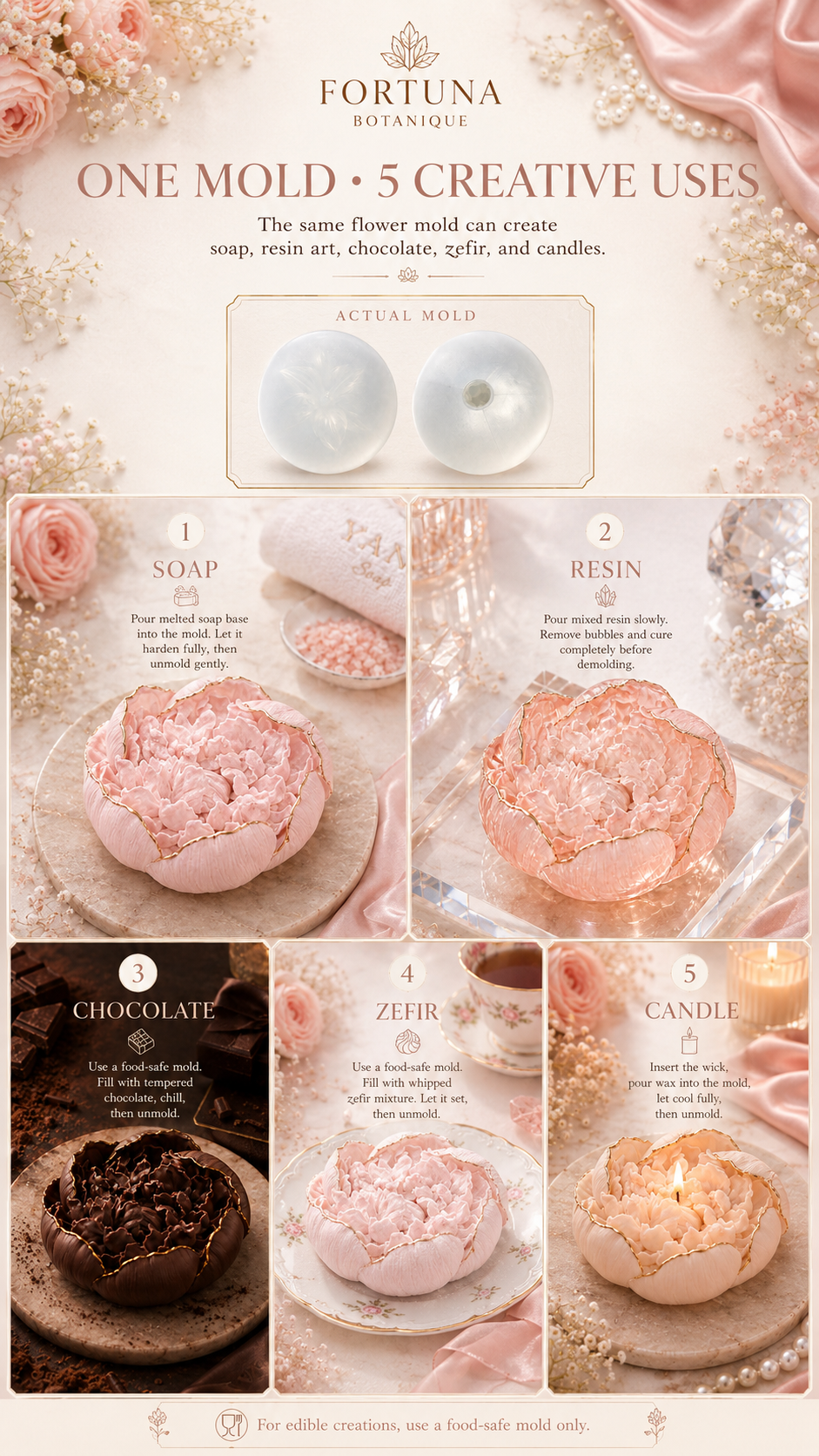 Peony Flower Silicone Mold for Soap, Candles, Resin, Chocolate & Zefir