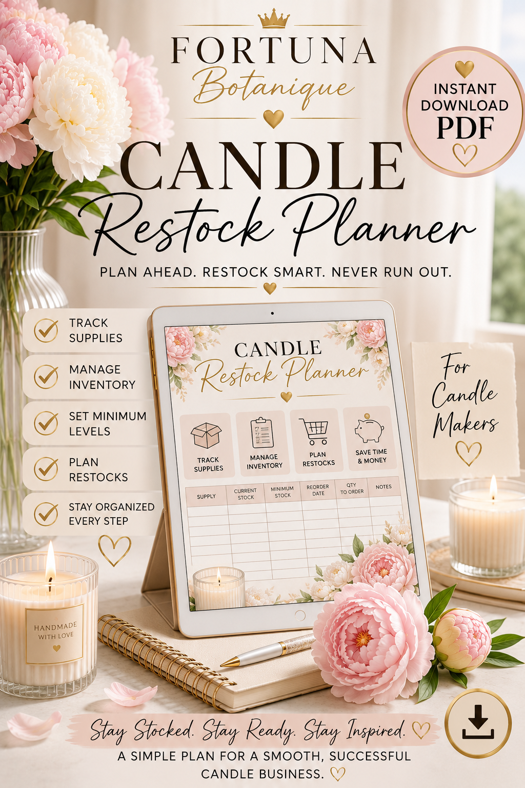 Luxury Candle Restock Planner | Inventory & Production Tracker | Printable Business Planner | Instant PDF Download