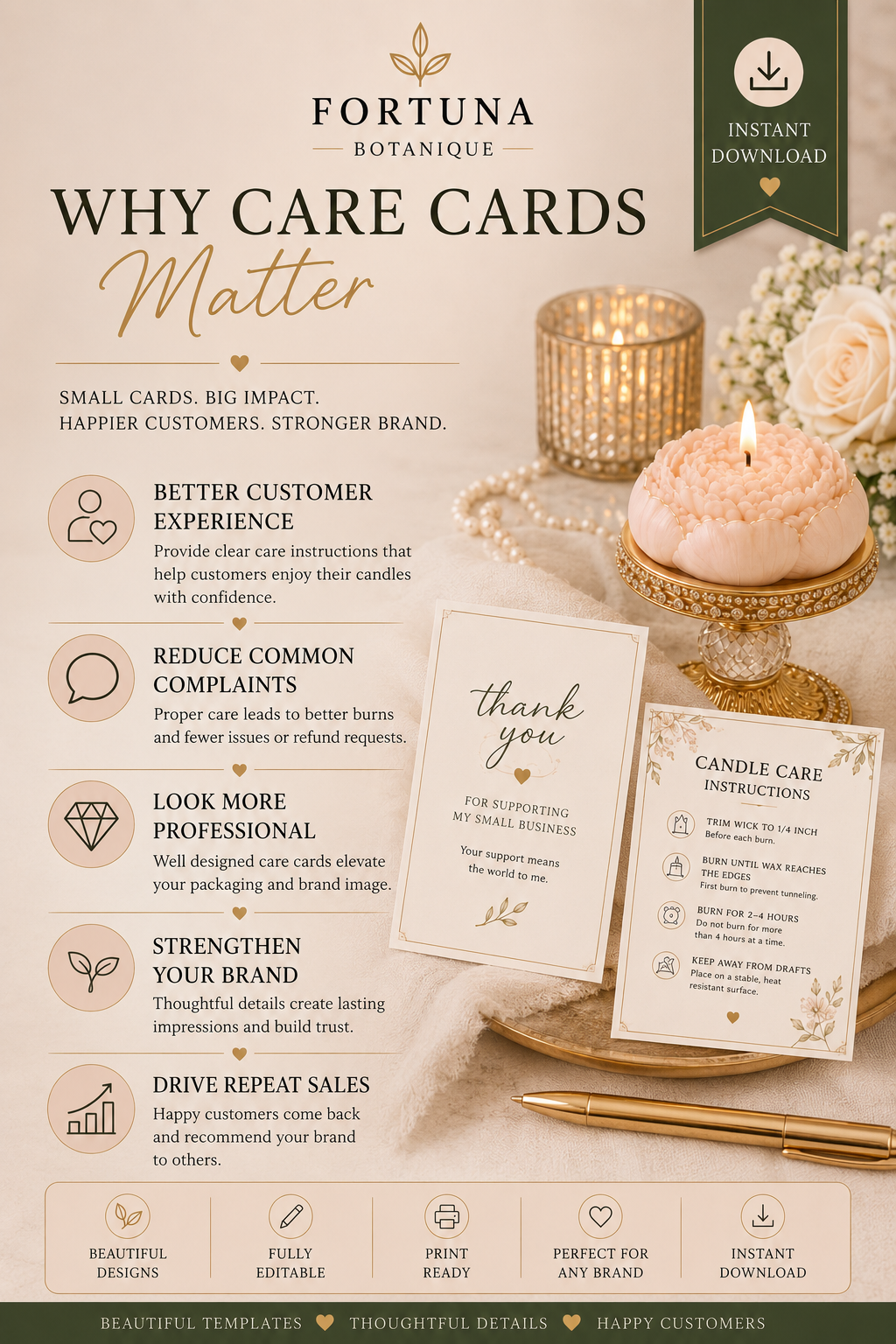 Luxury Candle Care Card Templates | Printable Candle Care Instructions | Editable Candle Care Cards | Instant PDF Download