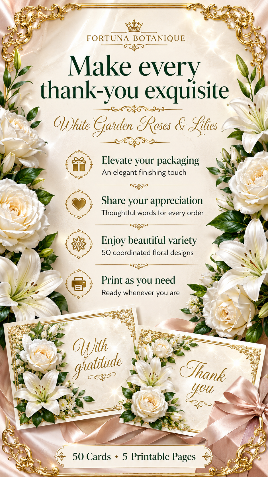 Luxury White Roses & Lilies Printable Thank You Cards | 50 Small Business Cards
