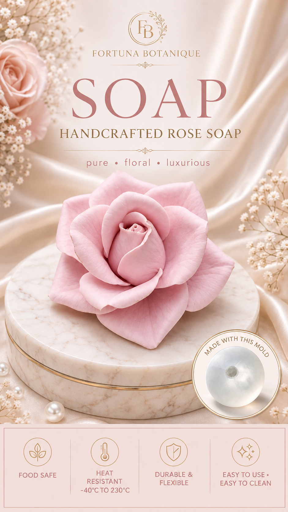 Rose Silicone Flower Mold for Soap, Candles, Resin, Chocolate & Zefir