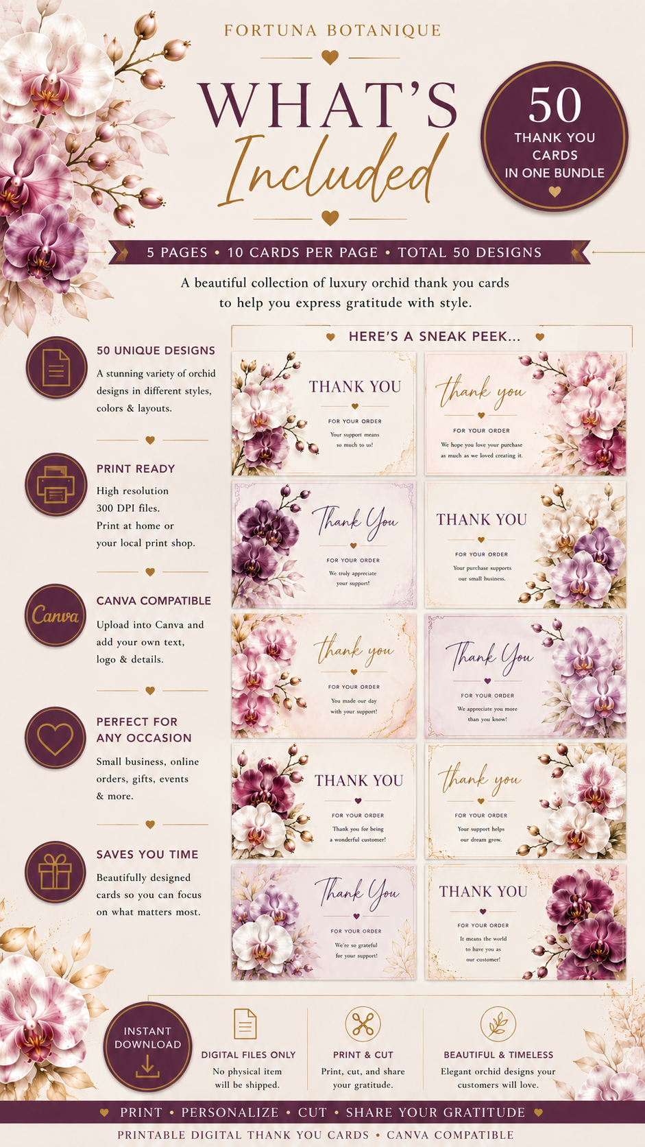 Luxury Orchid Printable Thank You Cards | 50 Small Business Cards