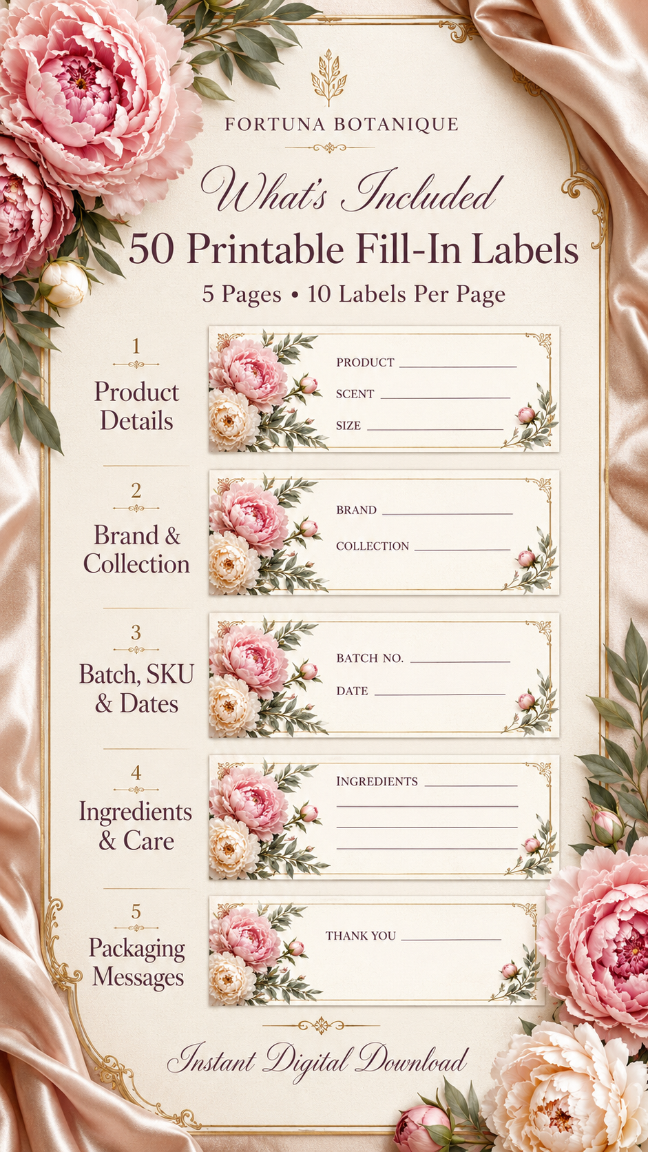 Peony Printable Fill-In Labels | 50 Small Business Product & Packaging Labels