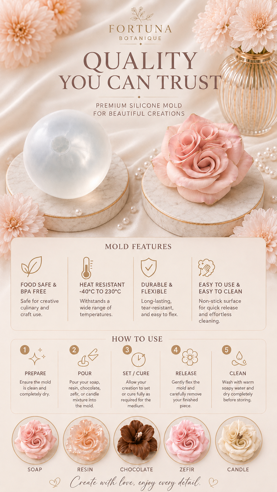 Rose Silicone Flower Mold for Soap, Candles, Resin, Chocolate & Zefir