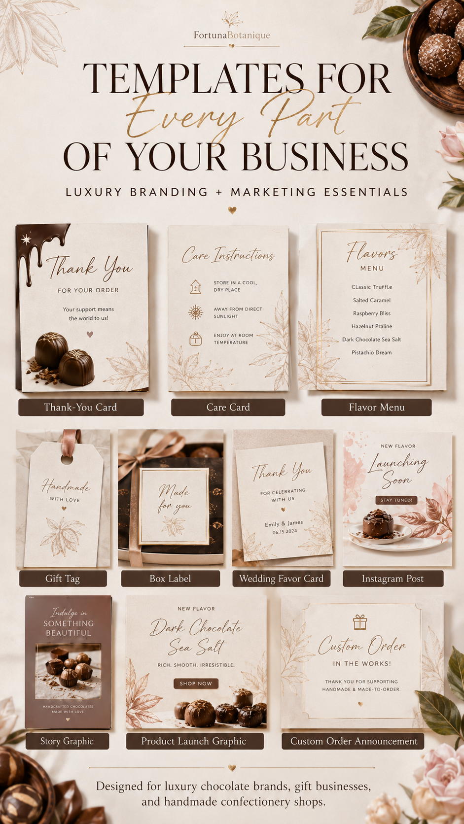 Luxury Chocolate Business Canva Templates | 50 Editable Designs