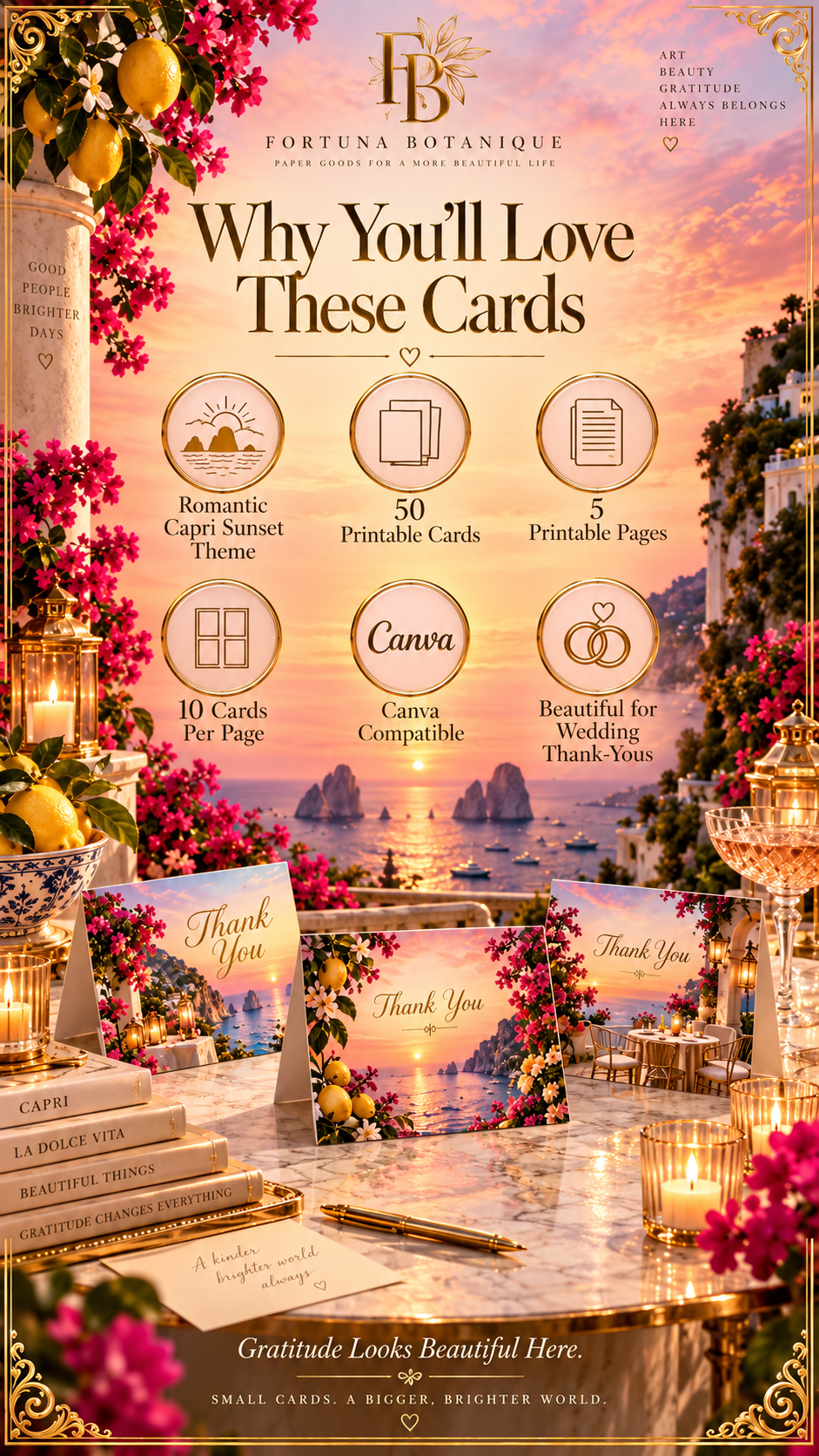 Capri Sunset Wedding Thank You Cards | 50 Printable Cards