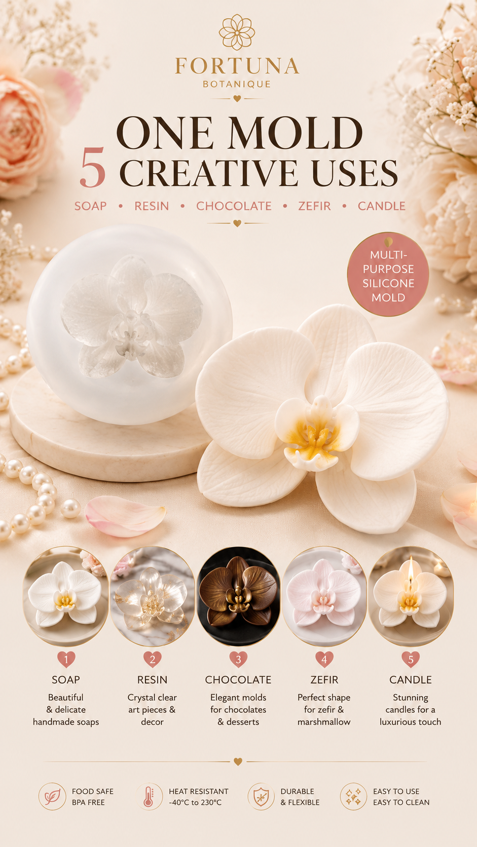 Orchid Silicone Flower Mold for Soap, Candles, Resin, Chocolate & Zefir
